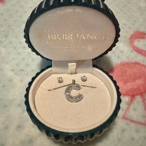 NWT Brilliance “C” Silver Jewelry Set with Earrings and Pendant